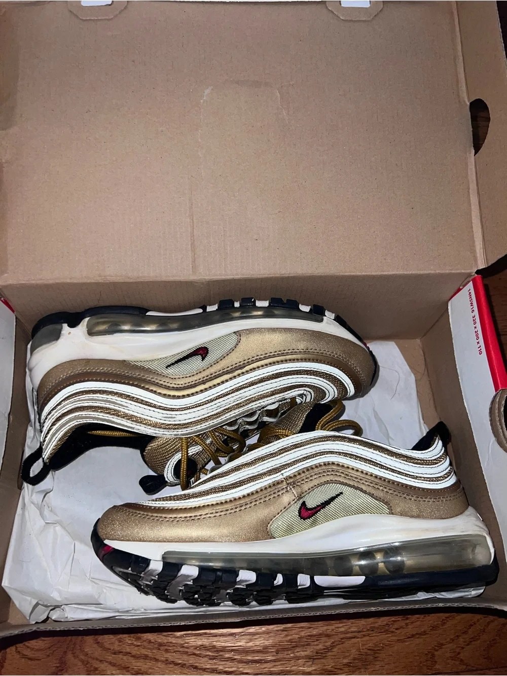 Nike Air Max 97 Gold White Black with Red Swoosh